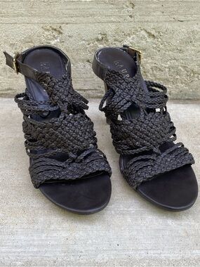Lauren Ralph Lauren Holleen Dark Brown Braided Leather Heels 7.5